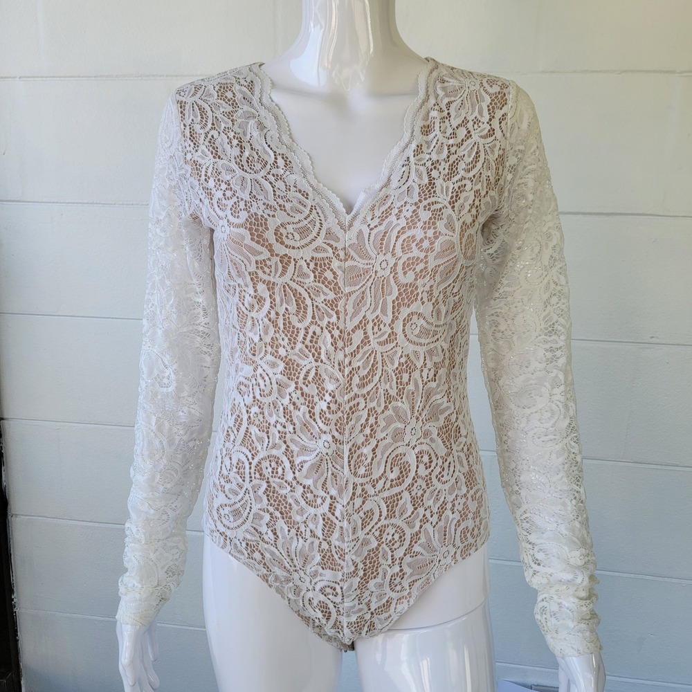 Socialite Lace Bodysuit Ivory Women's L Romantic Boho Floral Long Sleeve Bridal